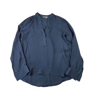 Vince Womens Blouse Top Size 6 Navy Long Sleeve V-Neck Split‎ Hem 100% Silk
